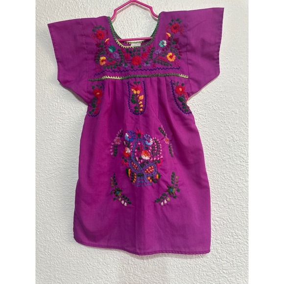 Girls Purple Hand Embroidered Floral Mexican Dress Artesanias Size 2 - Picture 1 of 6